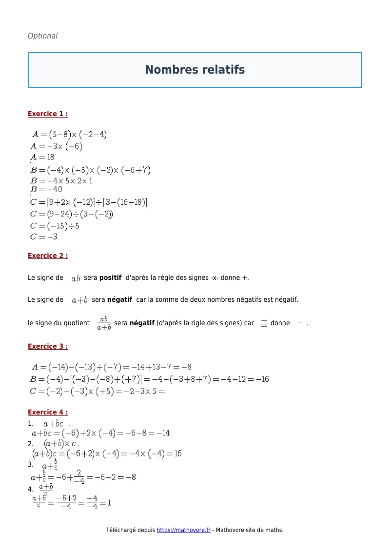 Exercices corrigés de maths en 4ème : Nombres relatifs à imprimer en PDF
