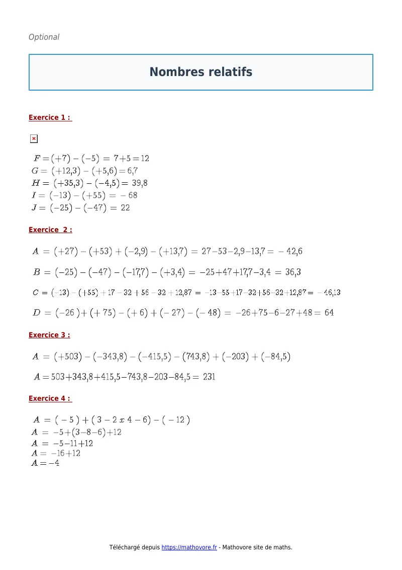 Exercices corrigés de maths en 5ème : Nombres relatifs à imprimer en PDF