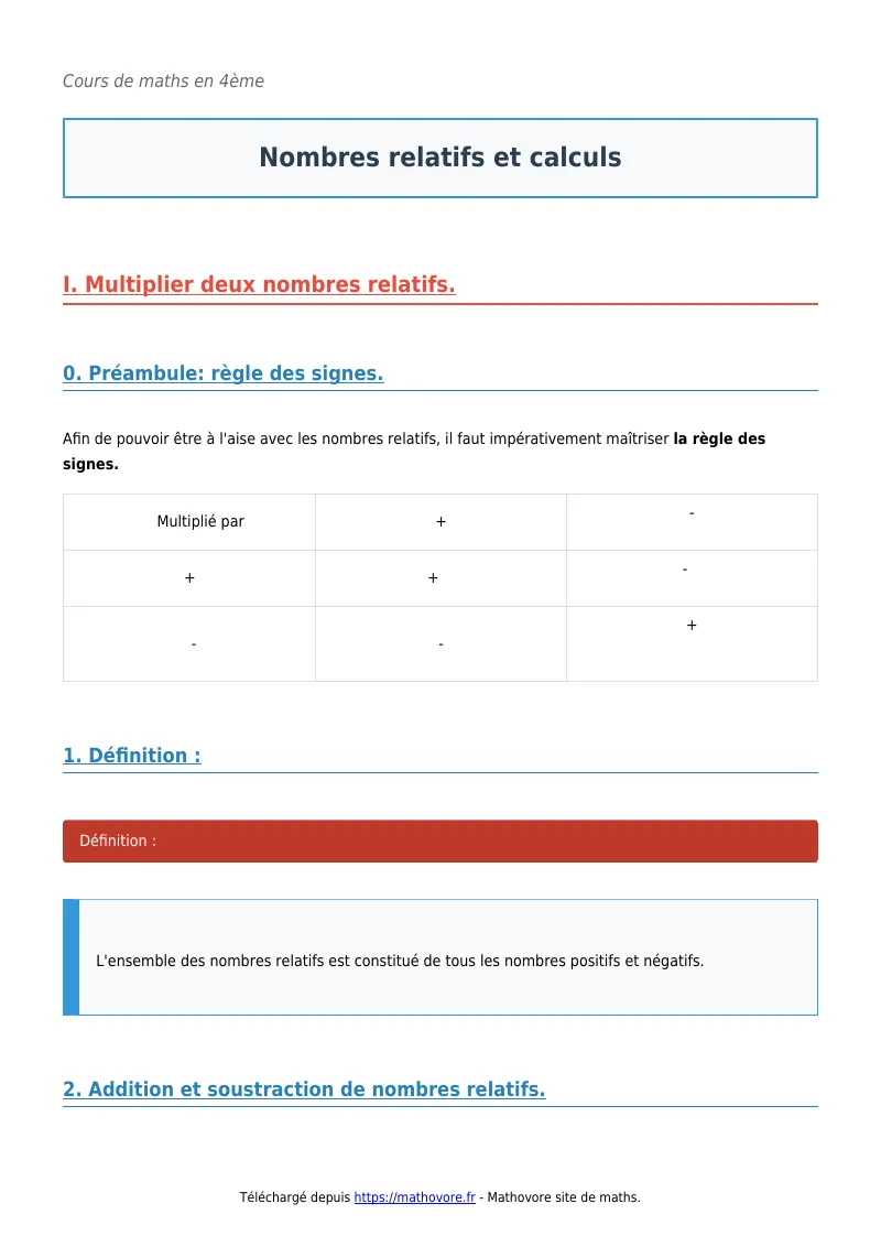 Cours de maths en 4ème : Nombres relatifs et calculs à télécharger en PDF