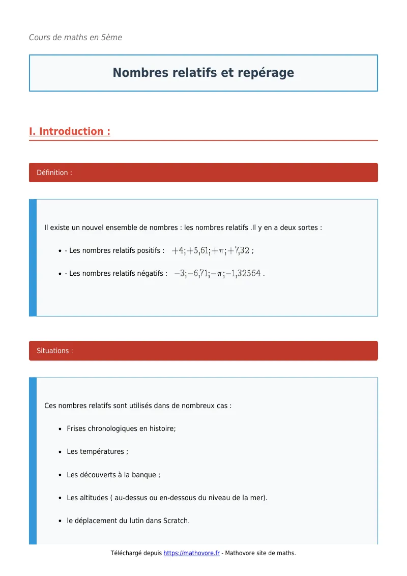 Cours de maths en 5ème : Nombres relatifs et repérage à télécharger en PDF