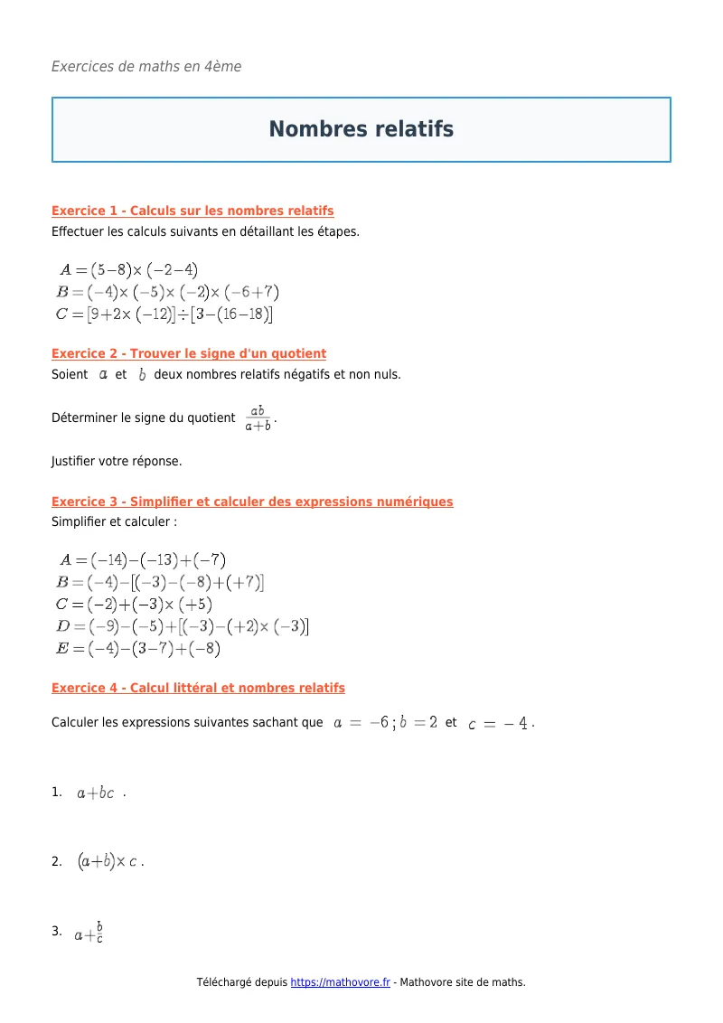 Exercices corrigés de maths en 4ème : Nombres relatifs à imprimer en PDF