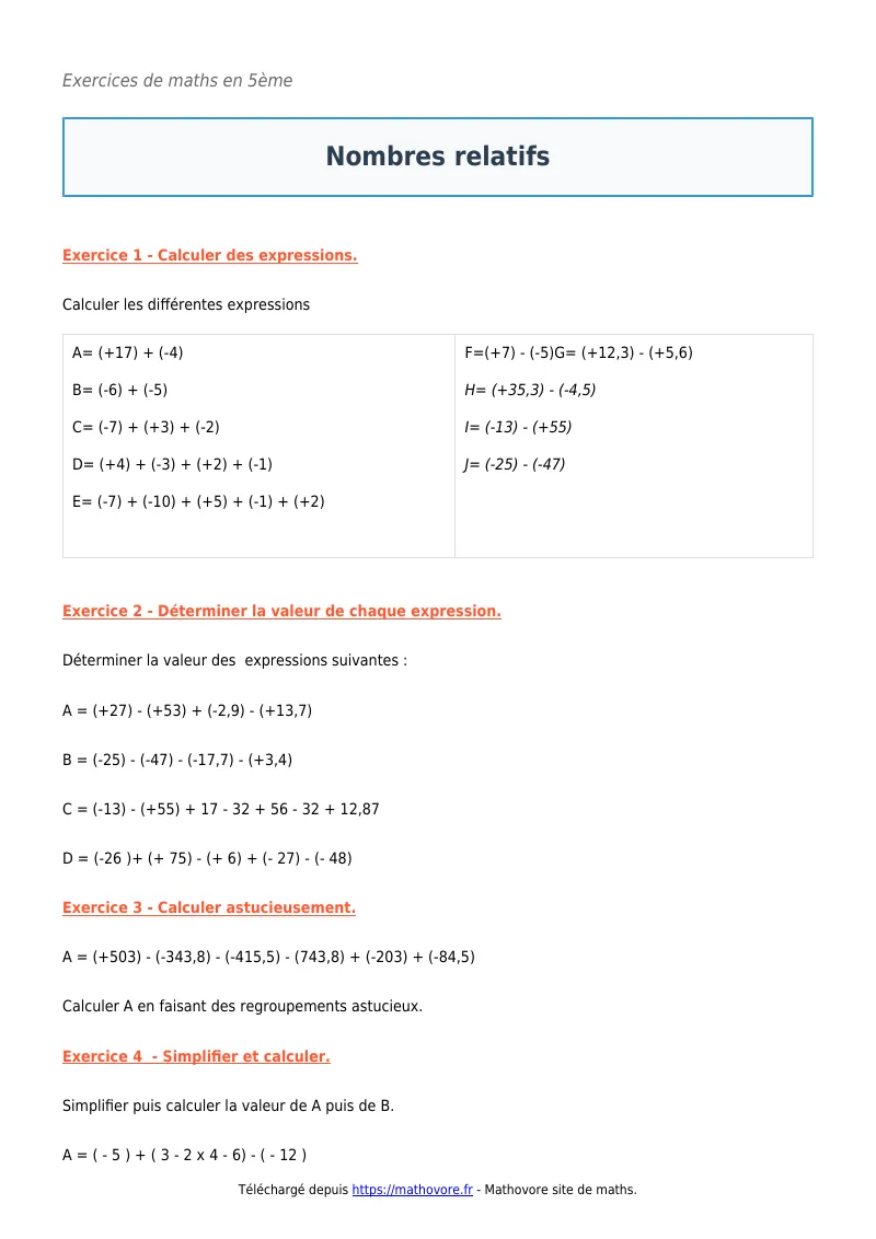 Exercices corrigés de maths en 5ème : Nombres relatifs à imprimer en PDF