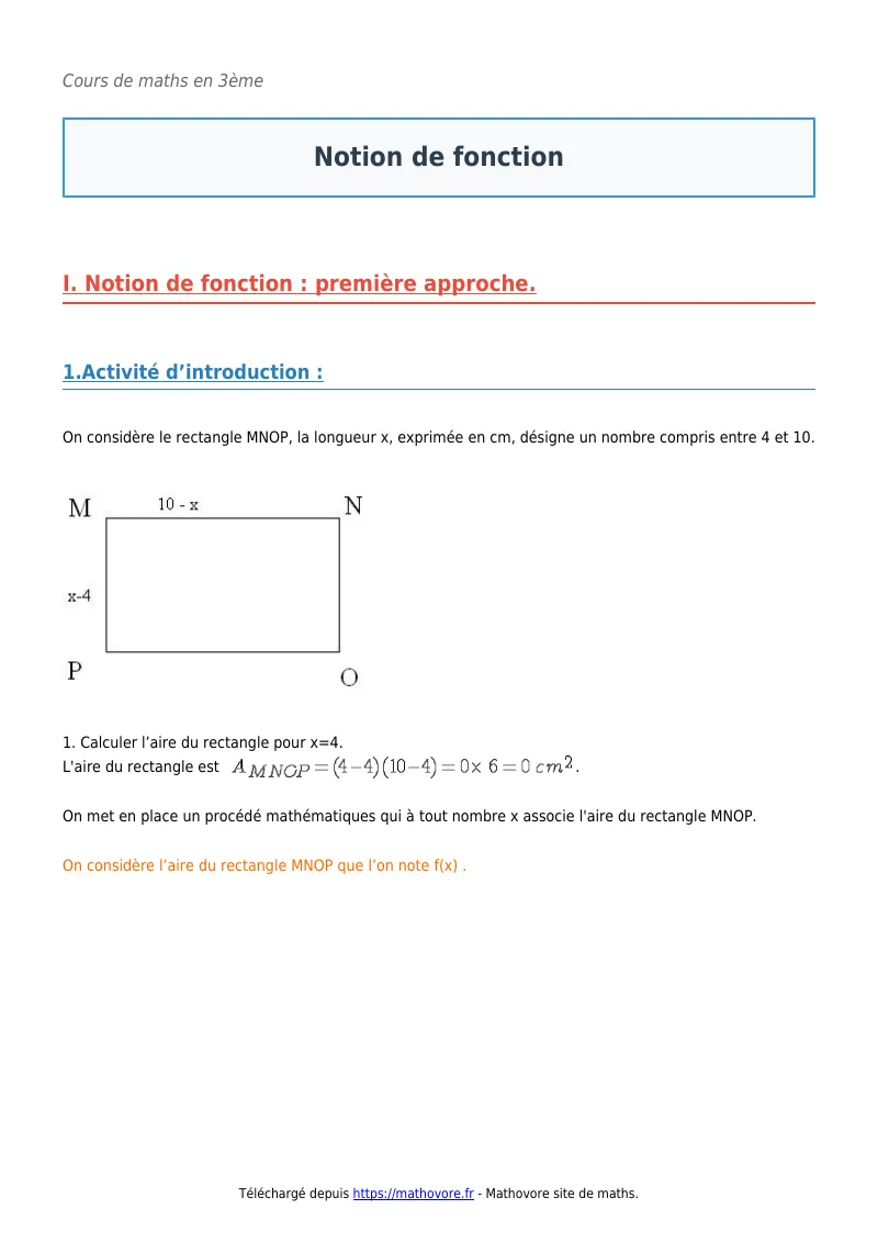 Cours de maths en 3ème : Notion de fonction à télécharger en PDF
