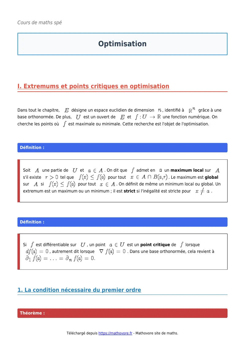 Cours de maths en maths spé : Optimisation à télécharger en PDF