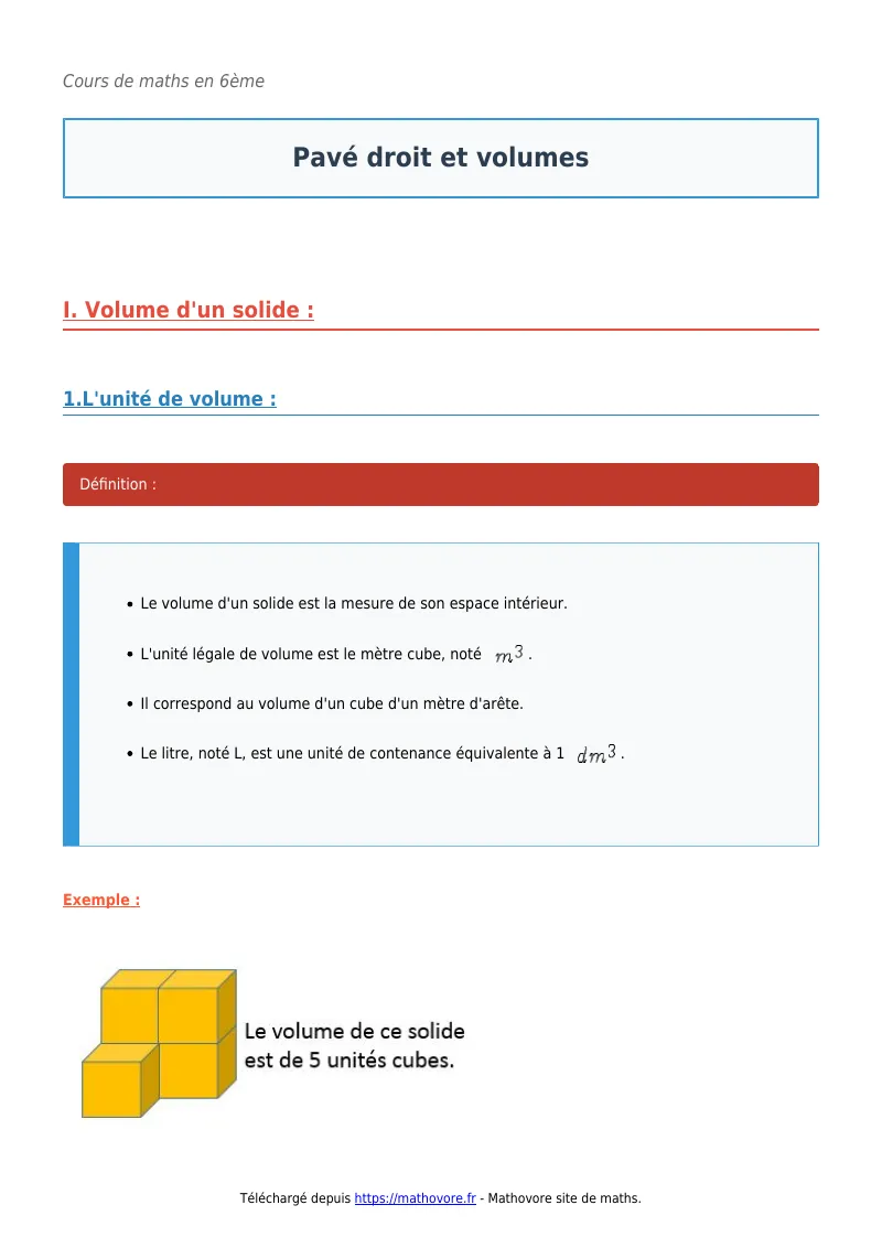 Cours de maths en 6ème : Pavé droit et volumes à télécharger en PDF