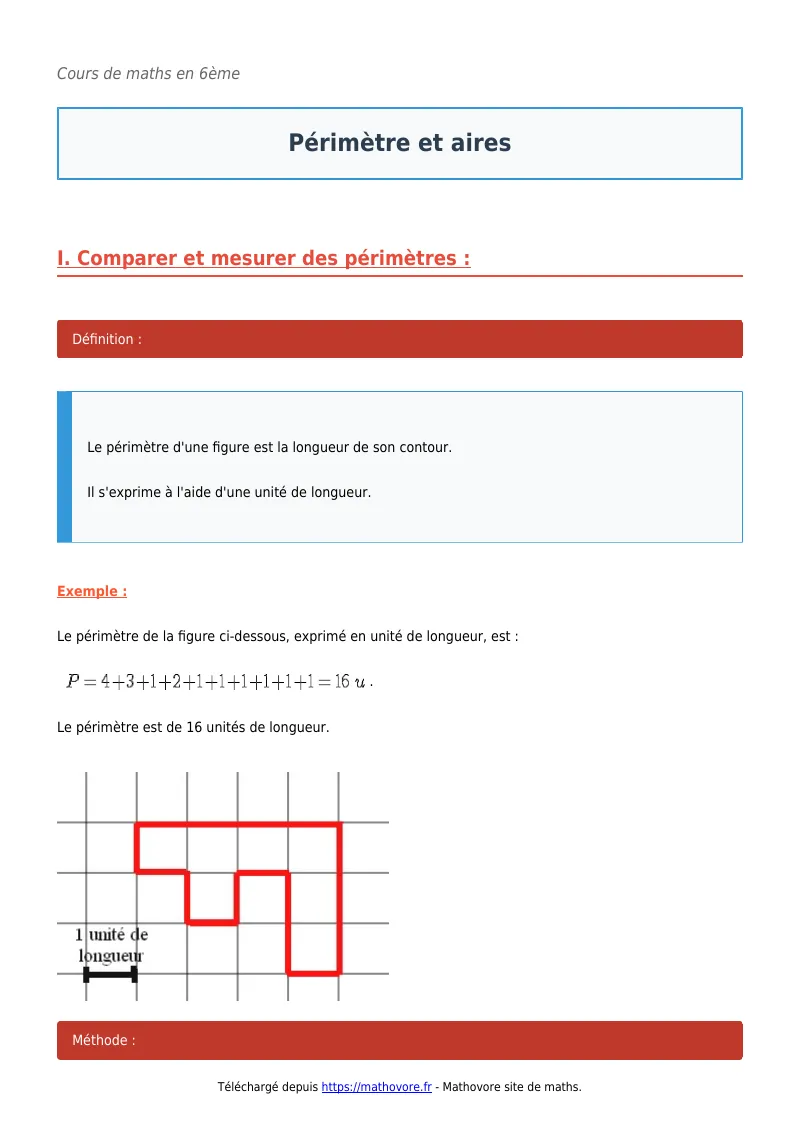 Cours de maths en 6ème : Périmètre et aires à télécharger en PDF