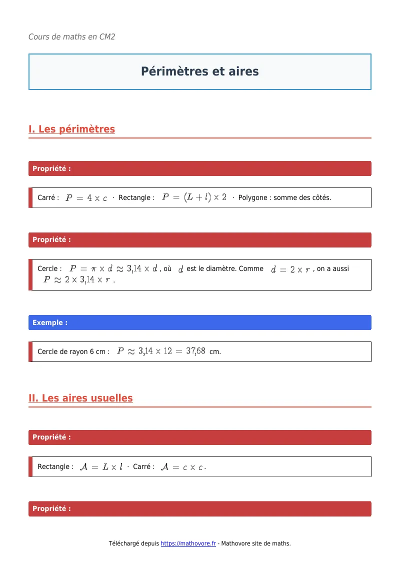 Cours de maths en CM2 : Périmètres et aires à télécharger en PDF