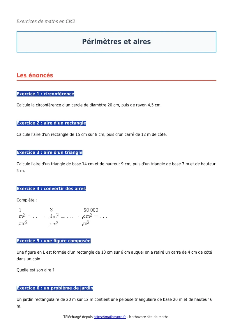 Exercices corrigés de maths en CM2 : Périmètres et aires à imprimer en PDF