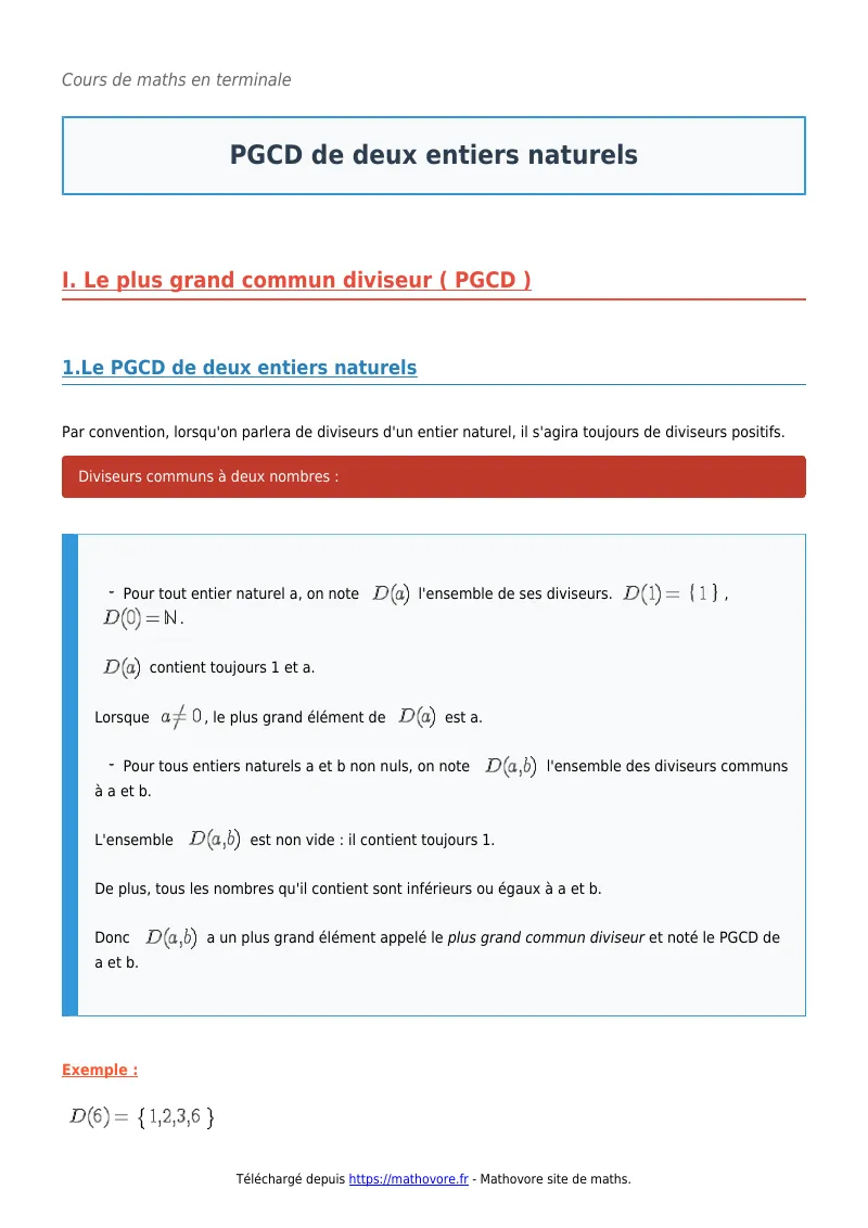 Cours de maths en terminale : PGCD de deux entiers naturels à télécharger en PDF