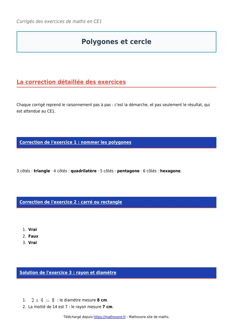 Exercices corrigés de maths en CE1 : Polygones et cercle à imprimer en PDF