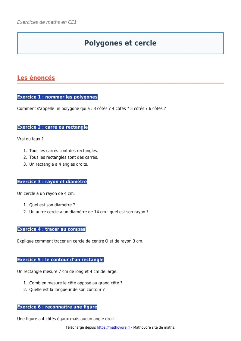 Exercices corrigés de maths en CE1 : Polygones et cercle à imprimer en PDF