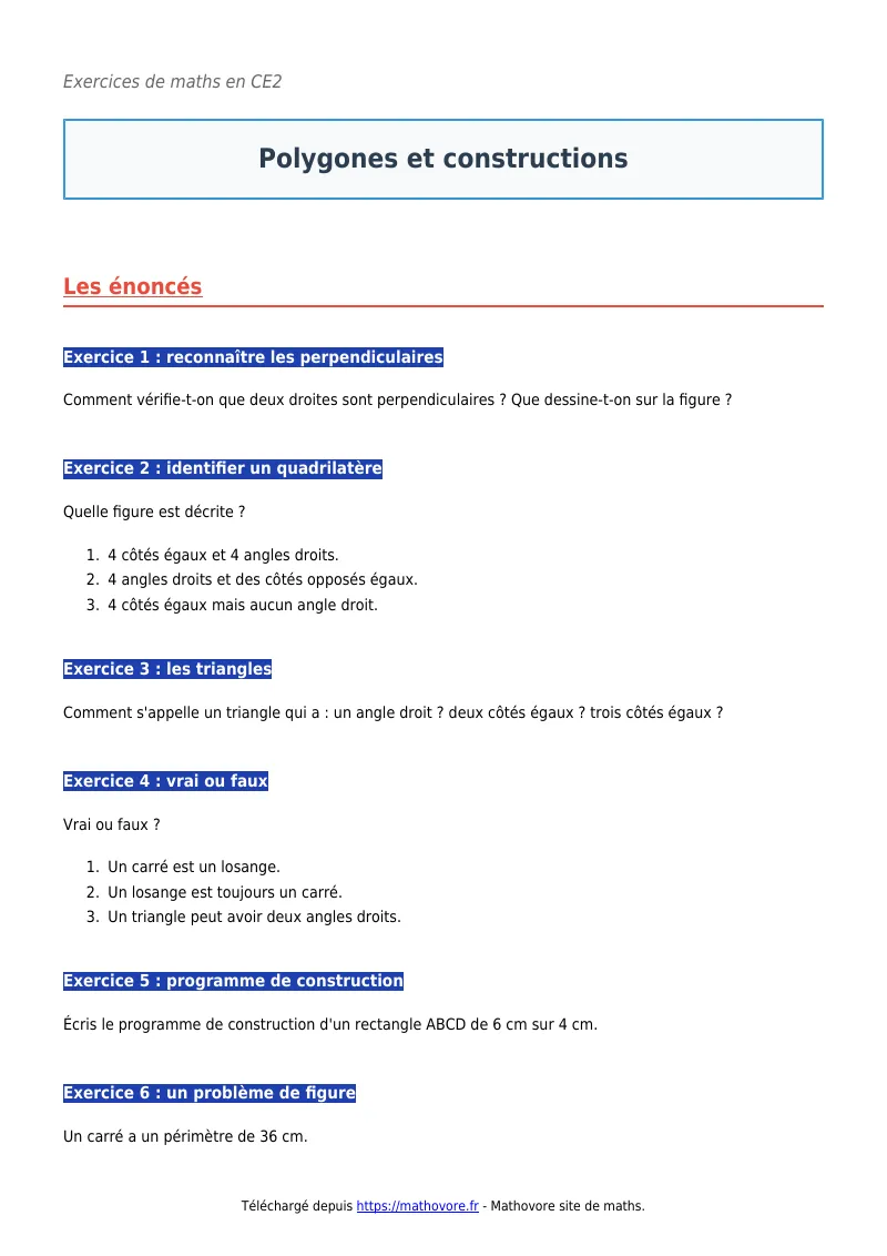 Exercices corrigés de maths en CE2 : Polygones et constructions à imprimer en PDF