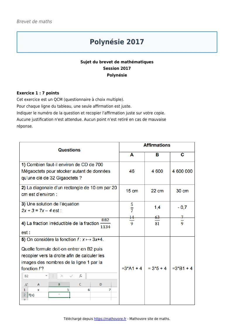 Brevet de maths : Polynésie 2017 corrigé en PDF