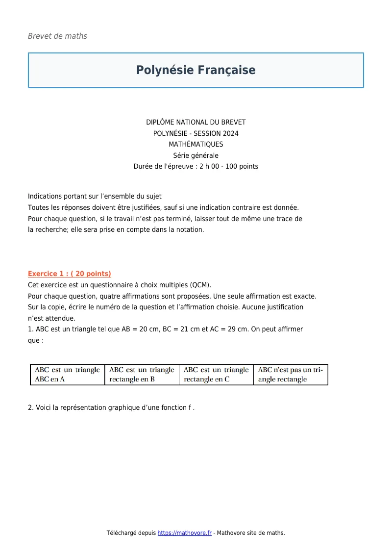 Brevet de maths : Polynésie Française corrigé en PDF
