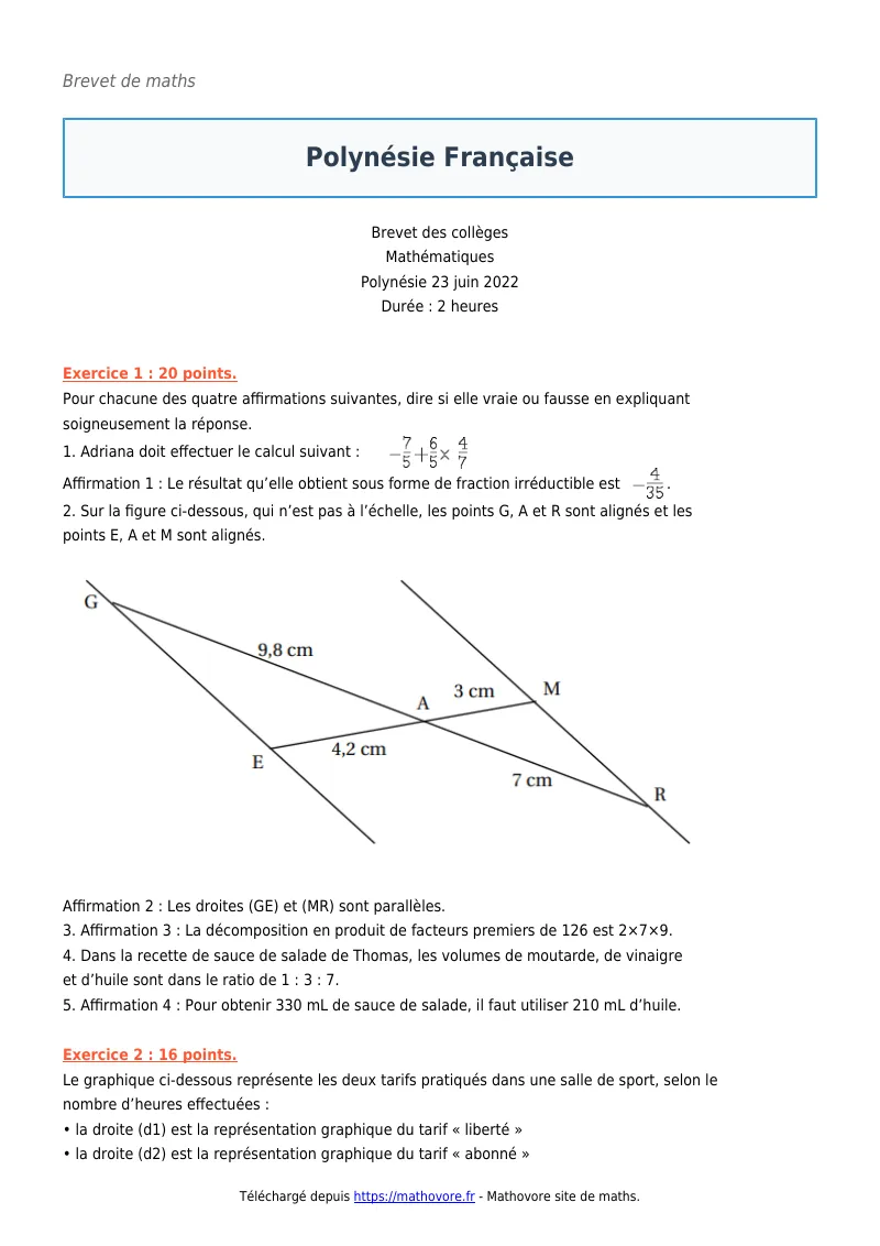 Brevet de maths : Polynésie Française corrigé en PDF