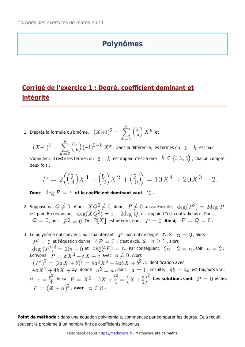 Exercices corrigés de maths en L1 : Polynômes à imprimer en PDF