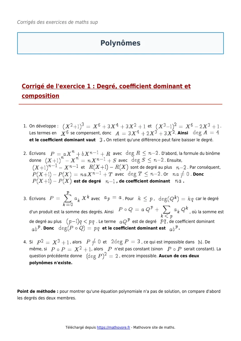 Exercices corrigés de maths en maths sup : Polynômes à imprimer en PDF