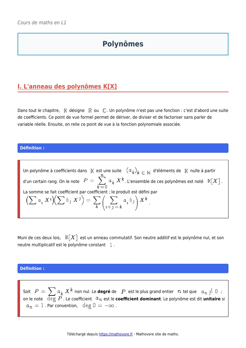 Cours de maths en L1 : Polynômes à télécharger en PDF