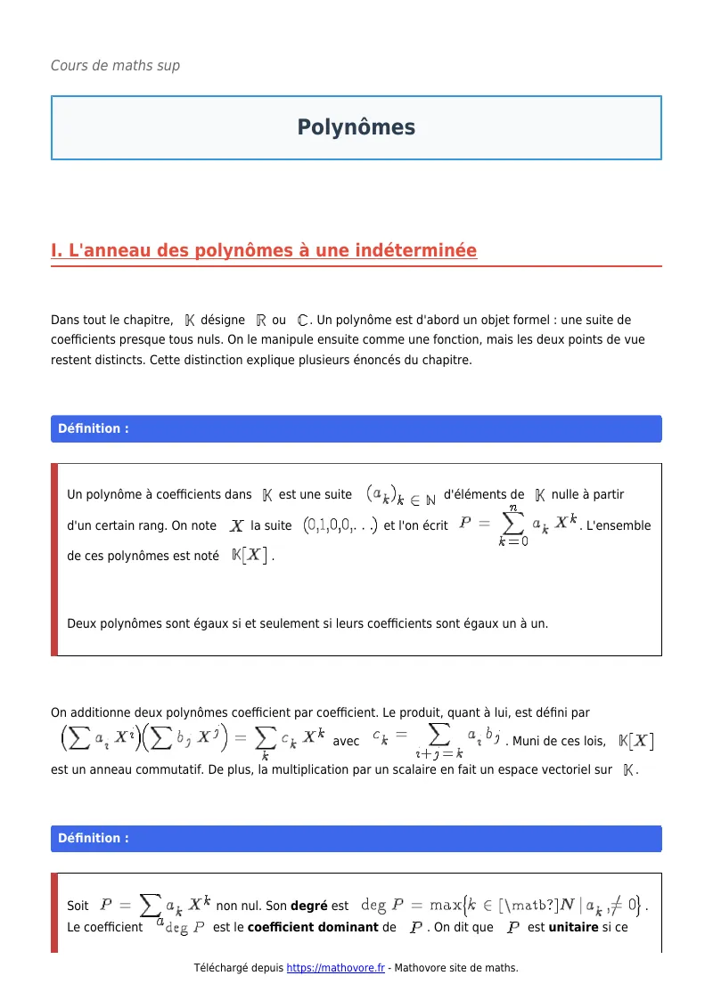 Cours de maths en maths sup : Polynômes à télécharger en PDF