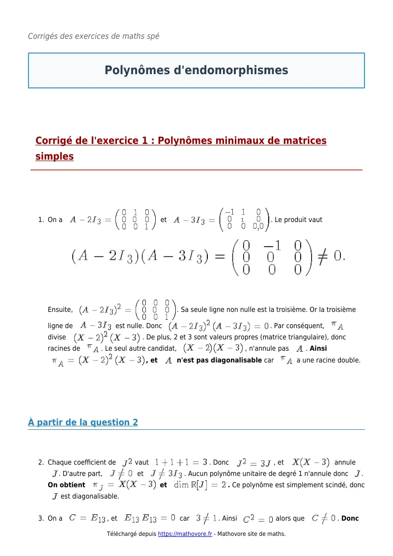 Exercices corrigés de maths en maths spé : Polynômes d’endomorphismes à imprimer en PDF