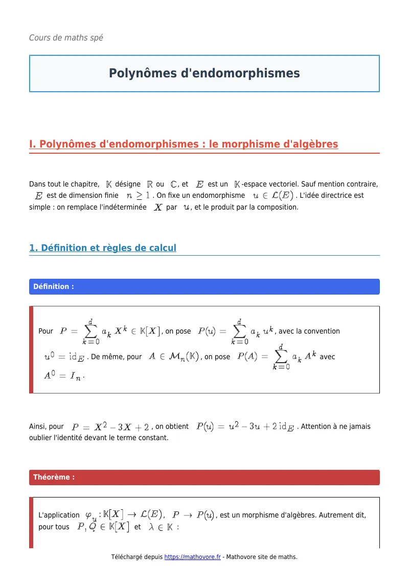 Cours de maths en maths spé : Polynômes d’endomorphismes à télécharger en PDF