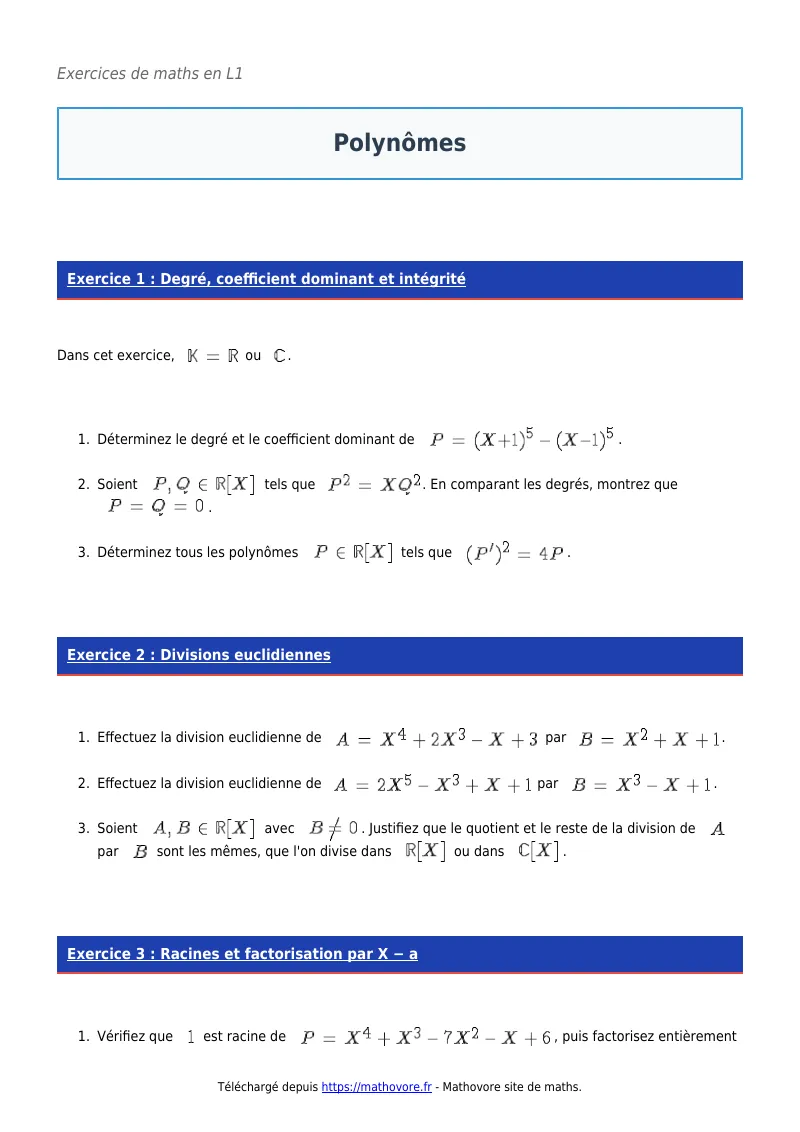 Exercices corrigés de maths en L1 : Polynômes à imprimer en PDF