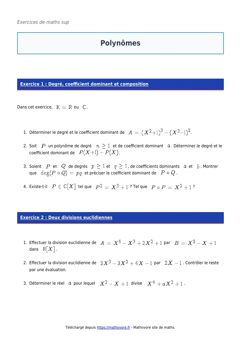 Exercices corrigés de maths en maths sup : Polynômes à imprimer en PDF