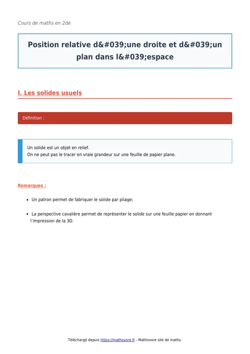 Cours de maths en seconde : Position relative d’une droite et d’un plan dans l’espace à télécharger en PDF