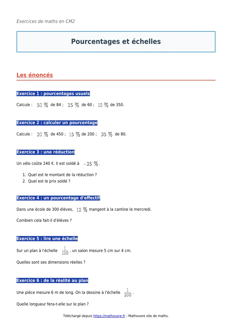 Exercices corrigés de maths en CM2 : Pourcentages et échelles à imprimer en PDF
