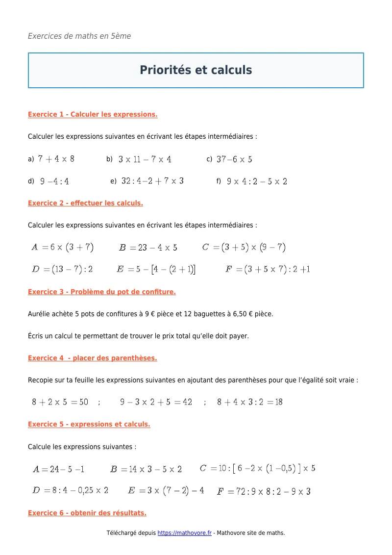 Exercices corrigés de maths en 5ème : Priorités et calculs à imprimer en PDF
