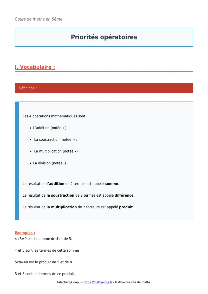 Cours de maths en 5ème : Priorités opératoires à télécharger en PDF