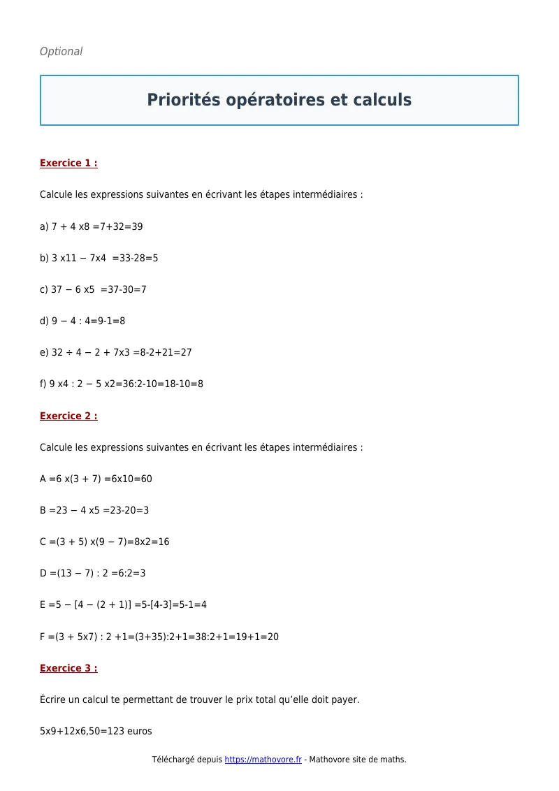 Exercices corrigés de maths en 5ème : Priorités opératoires et calculs à imprimer en PDF