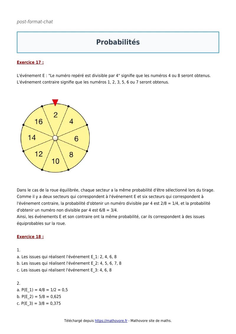 Exercices corrigés de maths en 3ème : Probabilités à imprimer en PDF