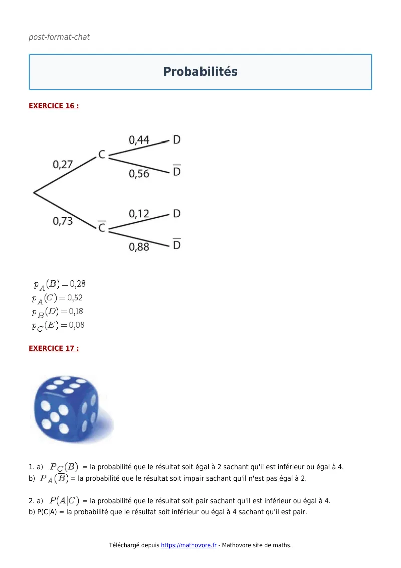 Exercices corrigés de maths en terminale : Probabilités à imprimer en PDF