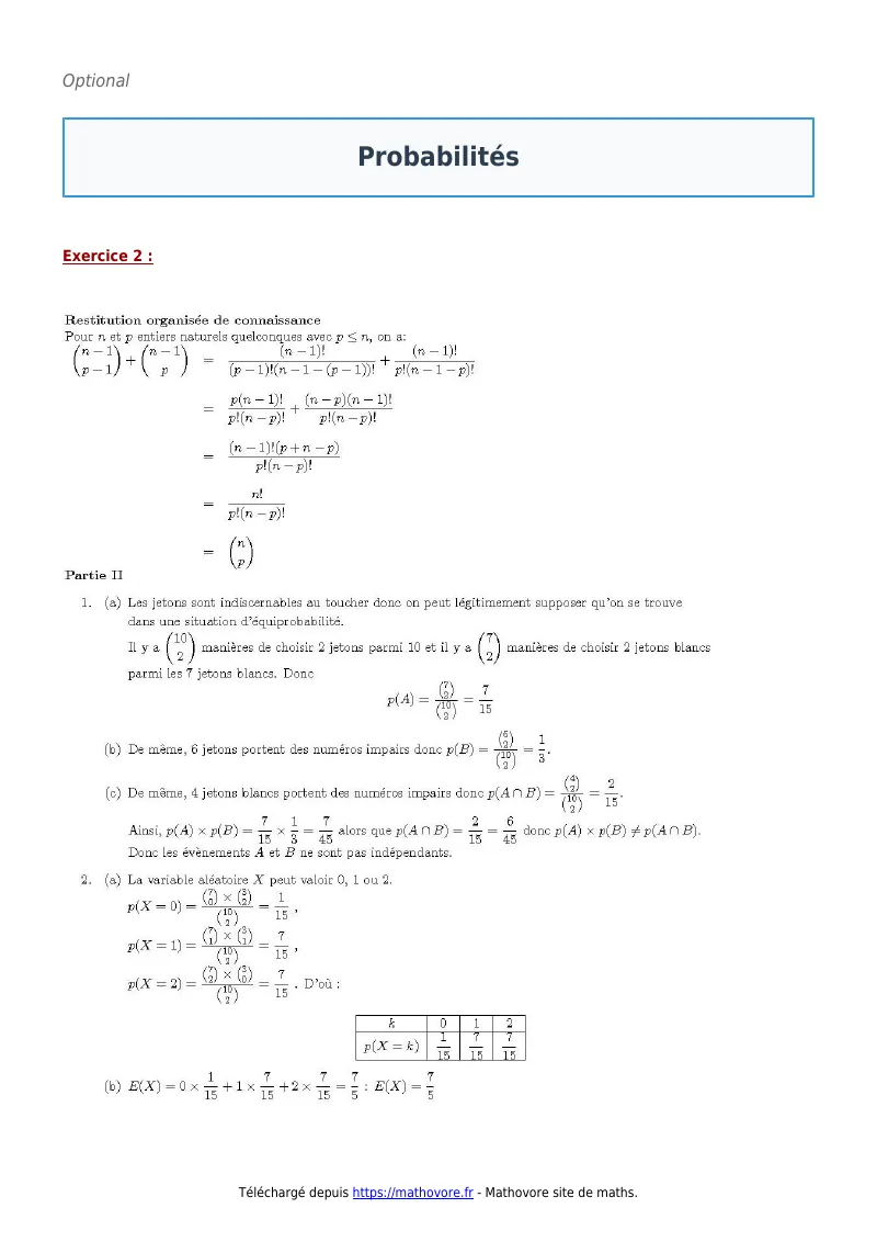 Exercices corrigés de maths en terminale : Probabilités à imprimer en PDF