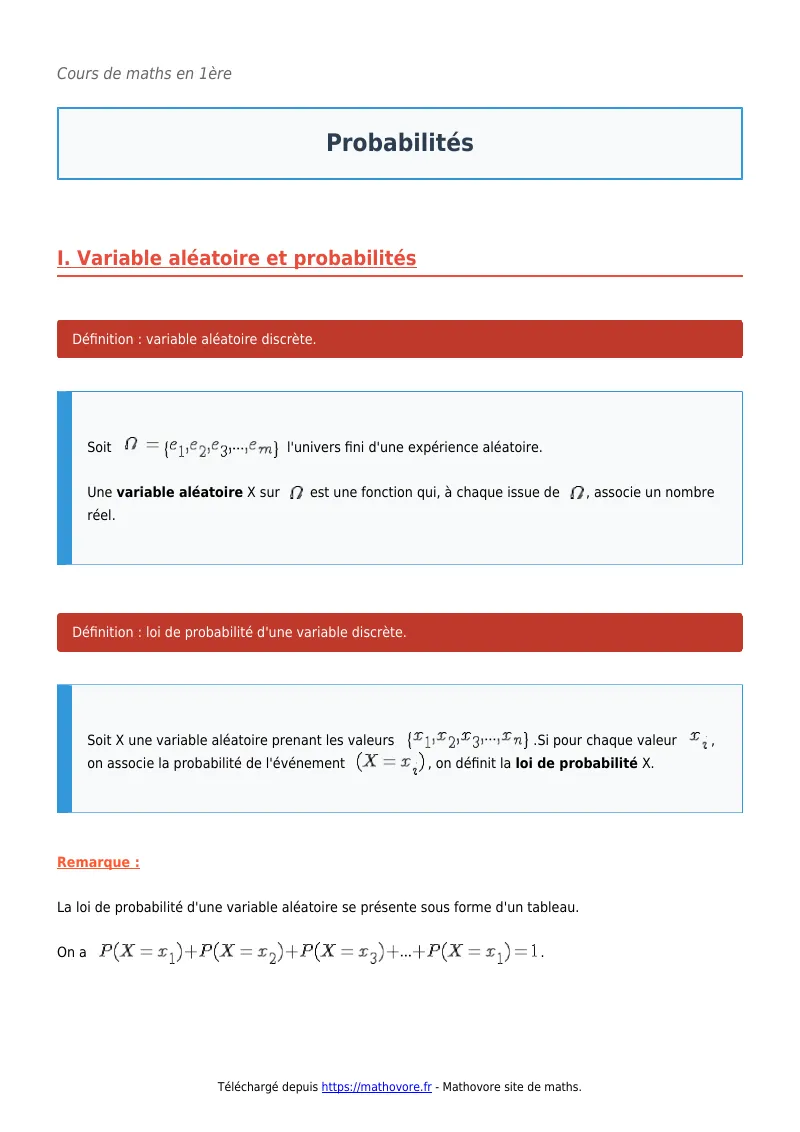 Cours de maths en première : Probabilités à télécharger en PDF