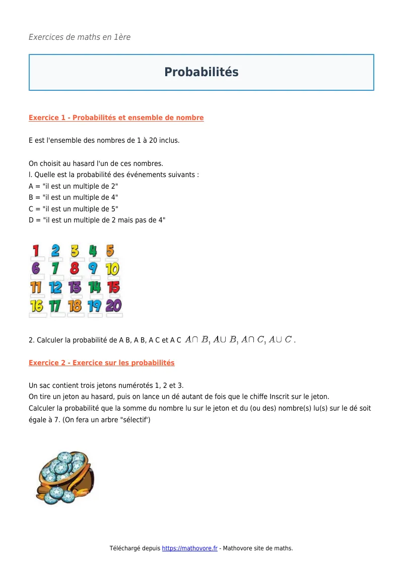Exercices corrigés de maths en première : Probabilités à imprimer en PDF