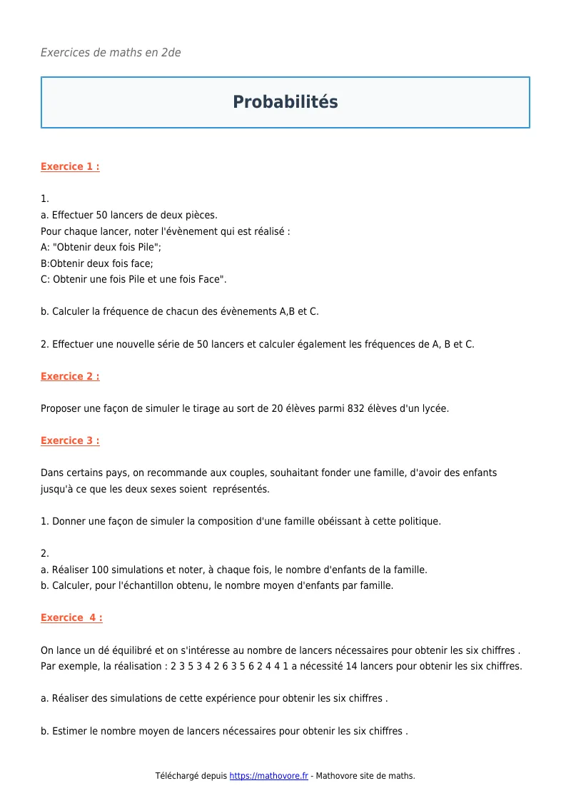 Exercices corrigés de maths en seconde : Probabilités à imprimer en PDF
