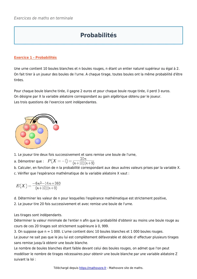 Exercices corrigés de maths en terminale : Probabilités à imprimer en PDF