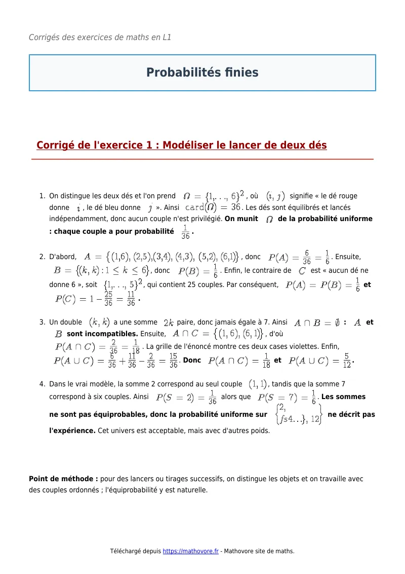 Exercices corrigés de maths en L1 : Probabilités finies à imprimer en PDF