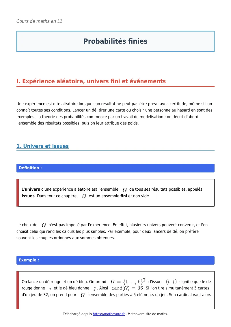 Cours de maths en L1 : Probabilités finies à télécharger en PDF