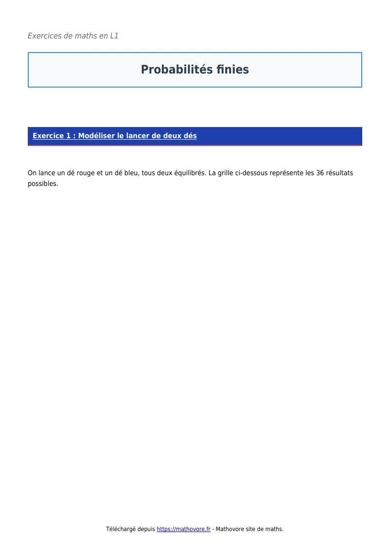 Exercices corrigés de maths en L1 : Probabilités finies à imprimer en PDF