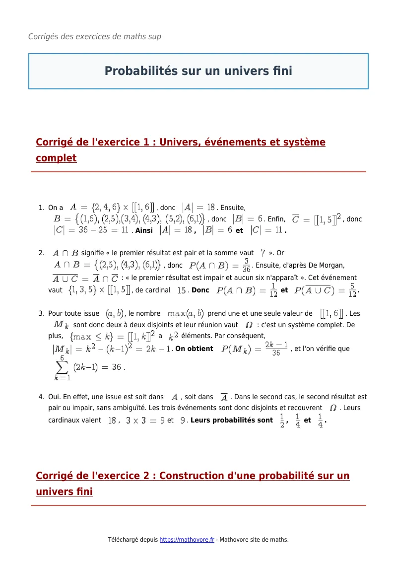 Exercices corrigés de maths en maths sup : Probabilités sur un univers fini à imprimer en PDF