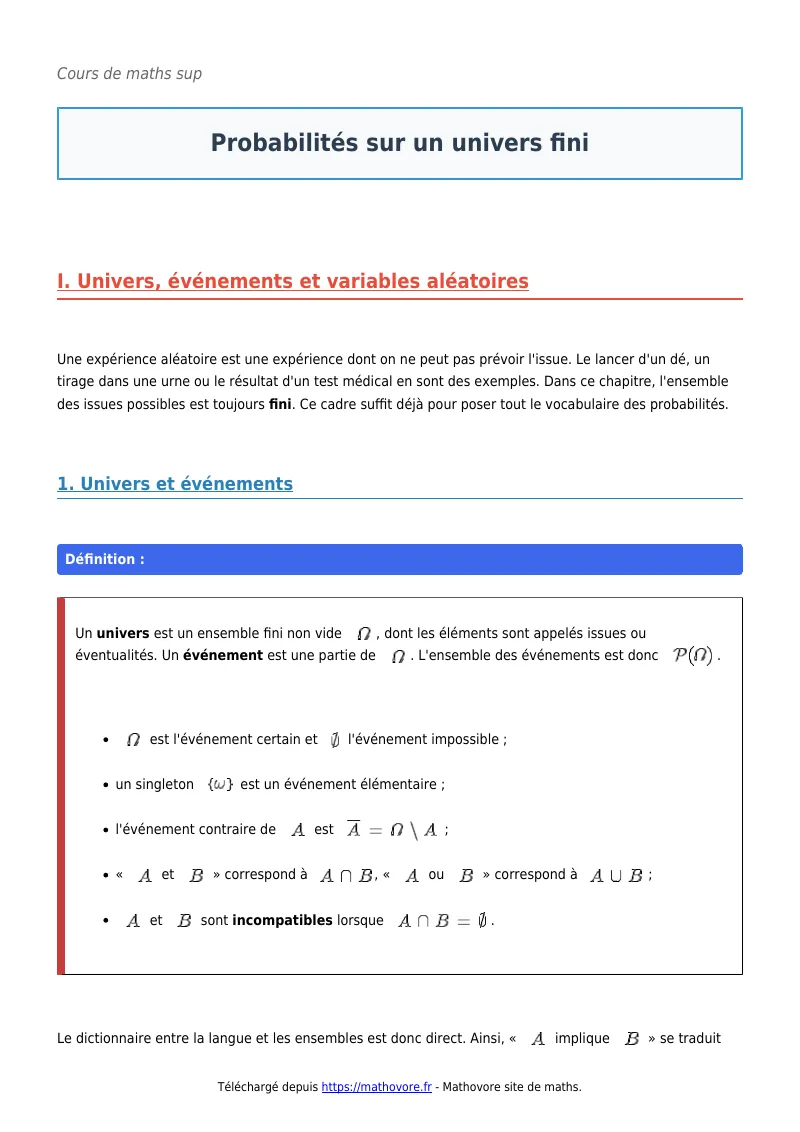 Cours de maths en maths sup : Probabilités sur un univers fini à télécharger en PDF