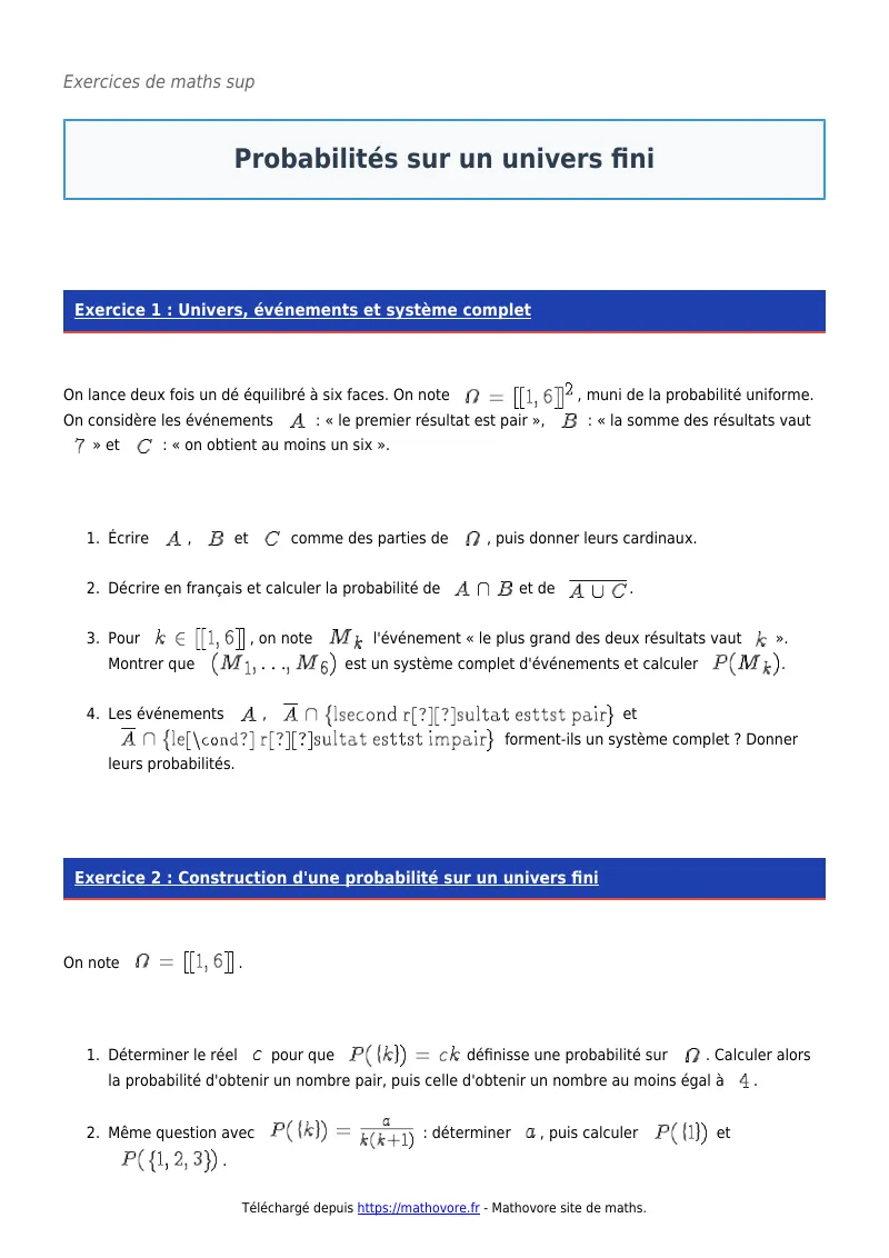 Exercices corrigés de maths en maths sup : Probabilités sur un univers fini à imprimer en PDF