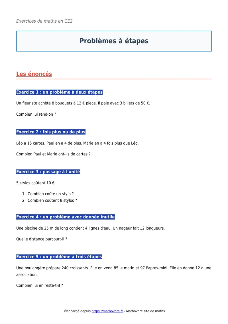 Exercices corrigés de maths en CE2 : Problèmes à étapes à imprimer en PDF