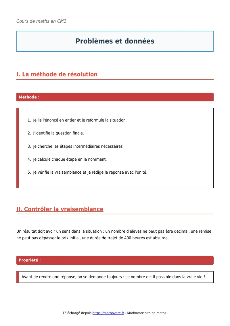 Cours de maths en CM2 : Problèmes et données à télécharger en PDF