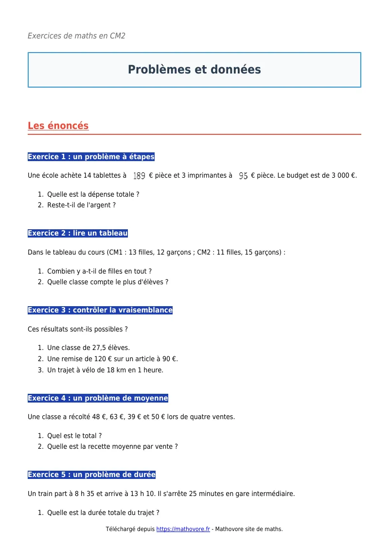 Exercices corrigés de maths en CM2 : Problèmes et données à imprimer en PDF