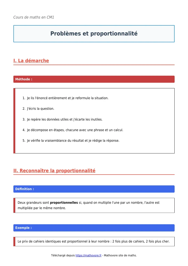 Cours de maths en CM1 : Problèmes et proportionnalité à télécharger en PDF