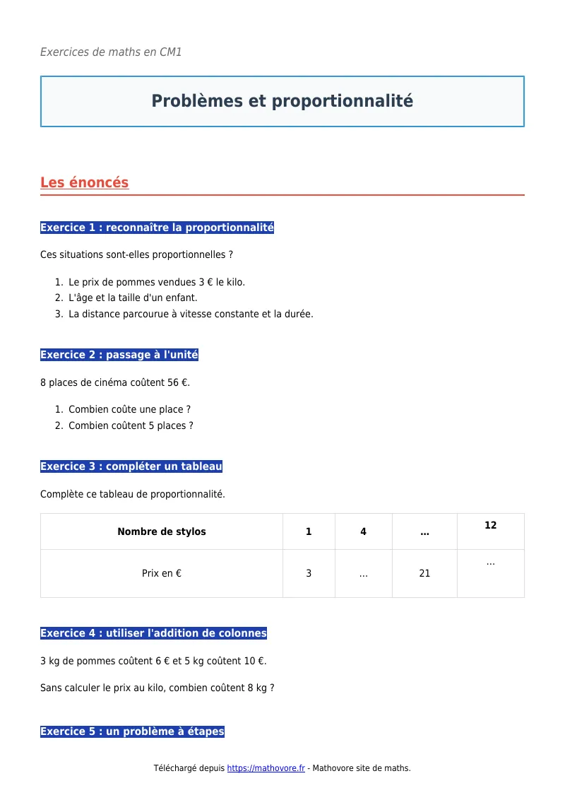 Exercices corrigés de maths en CM1 : Problèmes et proportionnalité à imprimer en PDF